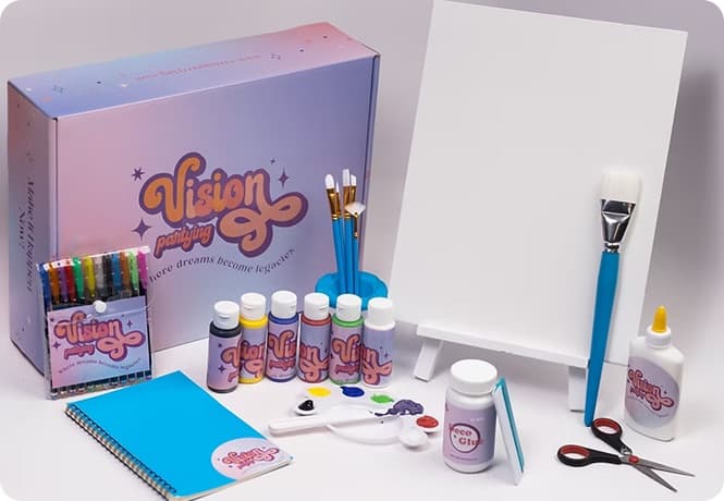 Vision Partying vision board kit with paints, brushes and supplies